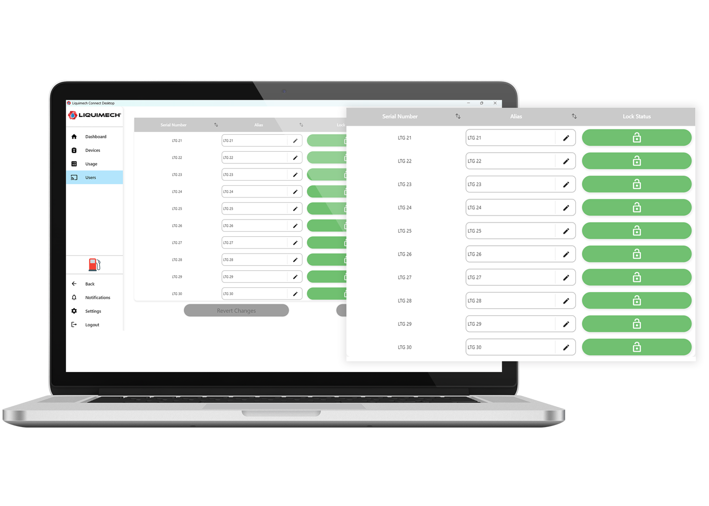 Fuel tracking software displaying tank levels, refueling history, and approval logs 
