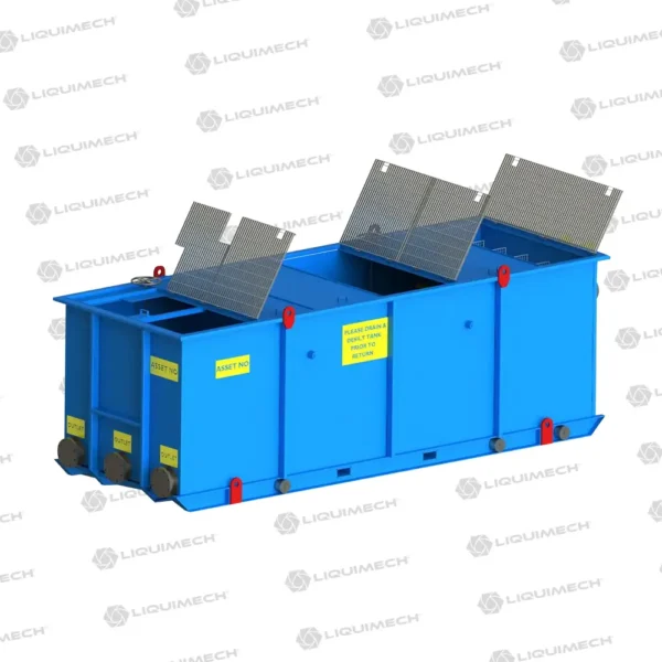 3D rendered image of Liquimech sediment tank showcasing inlet and outlet configuration.