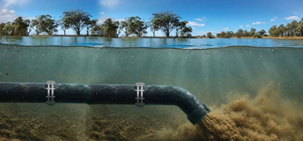 Bottom-draw pump intake illustration showing sediment ingestion without a Floating Water Intake System