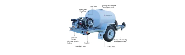 Built-in storage compartments on firefighting trailer holding nozzles, fire rakes, wrenches, and safety gear.