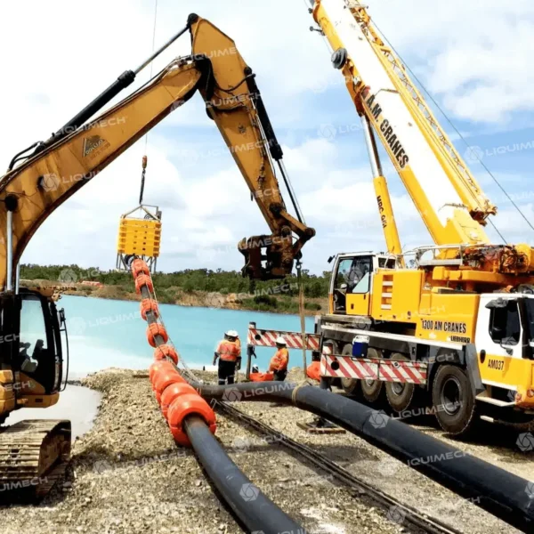Buoyant Liquimech pipefloats being installed on HDPE pipeline section.