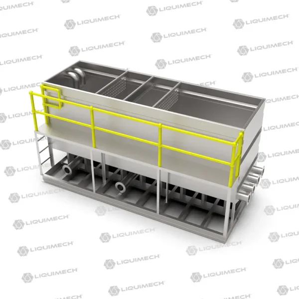 Detailed 3D rendering of Liquimech sediment tank for industrial sediment control applications.