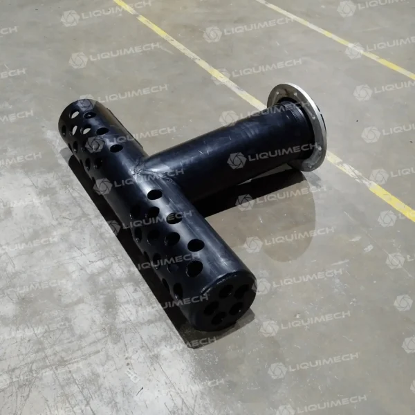 Durable Liquimech HDPE discharge tee fitting used in agricultural, mining, and civil water applications.
