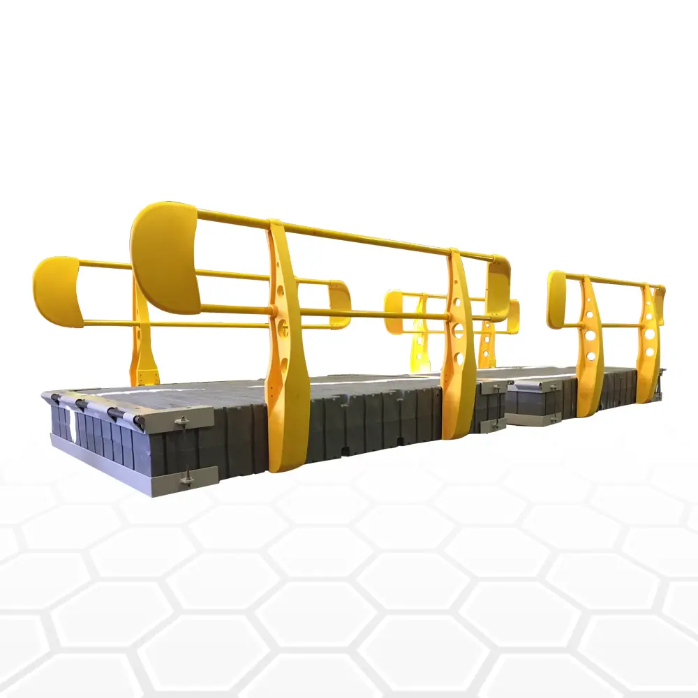 Floating access walkway and custom gangway providing safe access to pumps, pontoons and vessels in industrial water infrastructure
