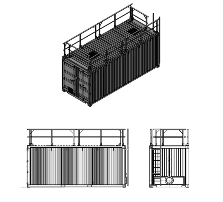 GA drawing of Liquimech Liquid Storage Containers with handrail and ladder for safety operations