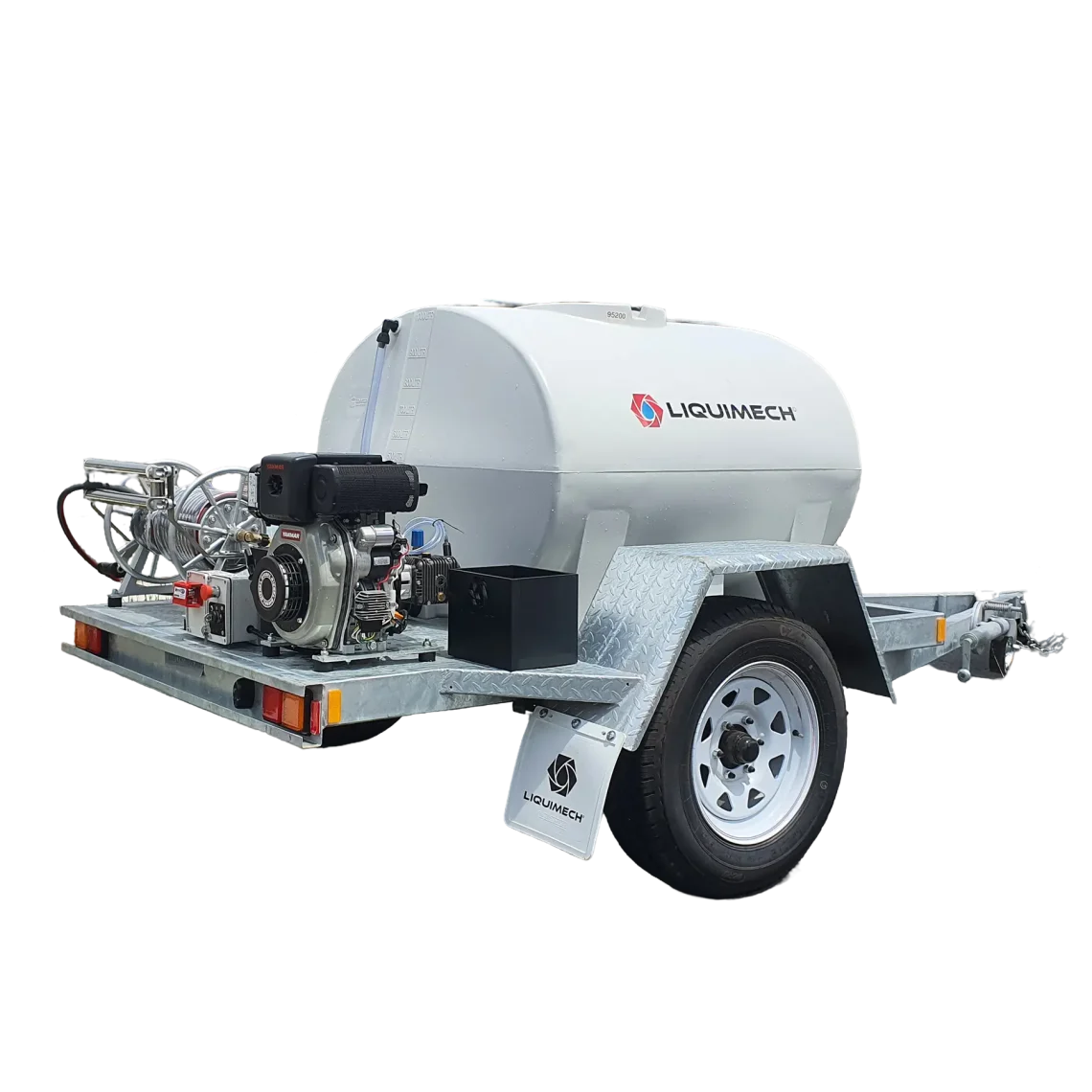 Heavy-duty trailer pressure washer system cleaning mining equipment on-site