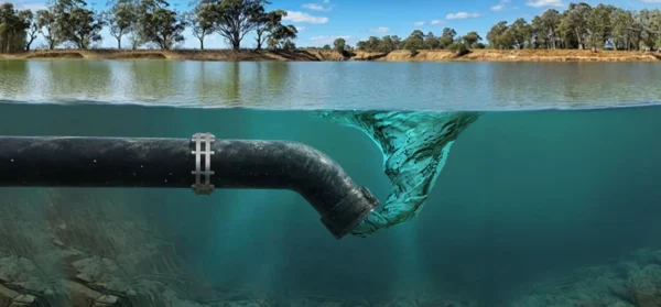 Illustration showing vortex formation at a pump intake without a Floating Suction Device, causing air entrainment and increased cavitation risk