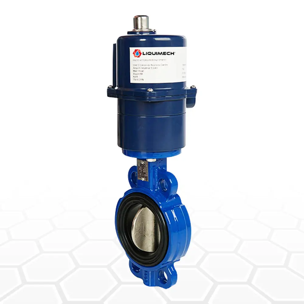 Industrial blue butterfly valve with actuator for automated fluid management in mining, construction, and water systems