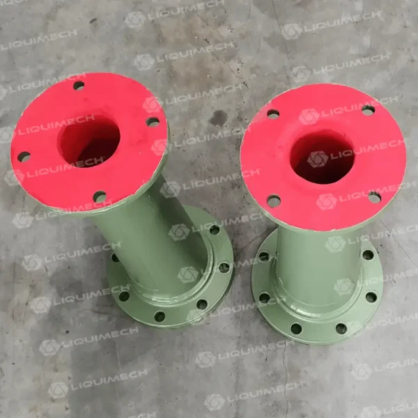 Industrial flanged pipes with internal red rubber lining by Liquimech for chemical and slurry pipelines