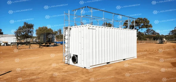 Industrial-grade Liquimech bulk liquid storage tank container system with access ladder, built to AS1657 safety standards for safe personnel access