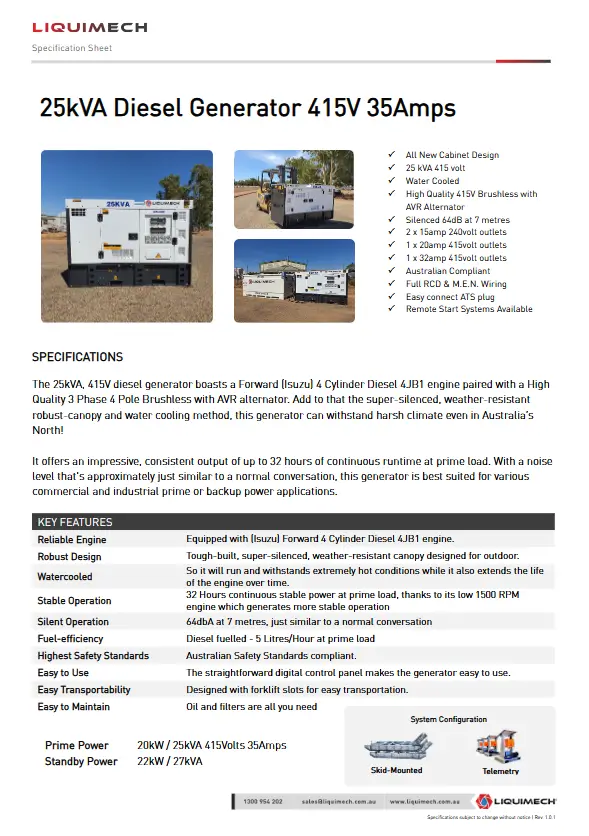 Liquimech 25kVA Diesel Generator Specification Sheet