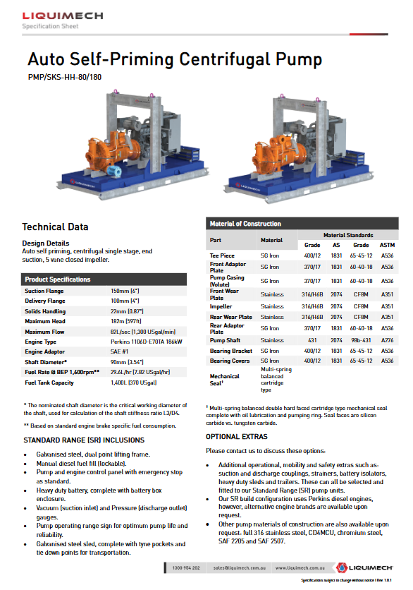 Liquimech Auto Self-Priming Centrifugal Pump Specification Sheet