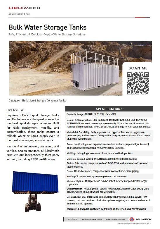 Liquimech Bulk Water Storage Tank Spec Sheet