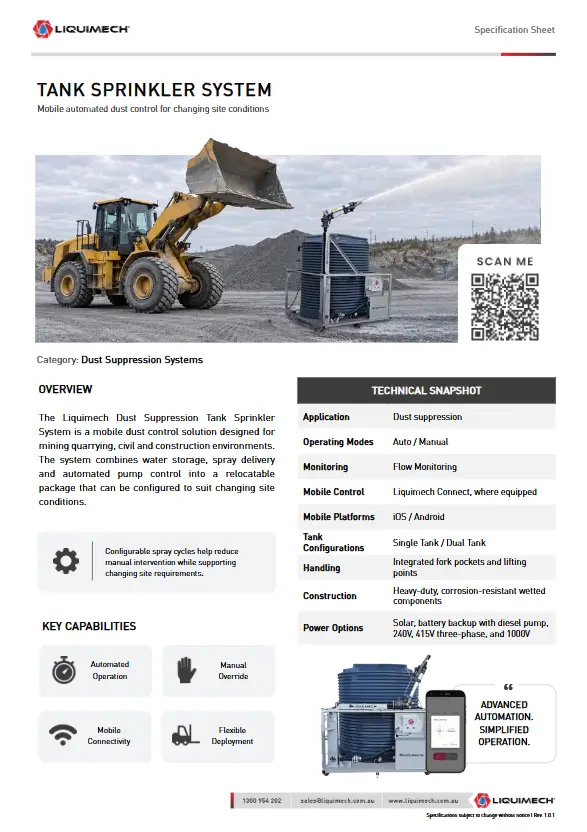 Liquimech Dust Suppression Sprinkler Tank System Specification Sheet