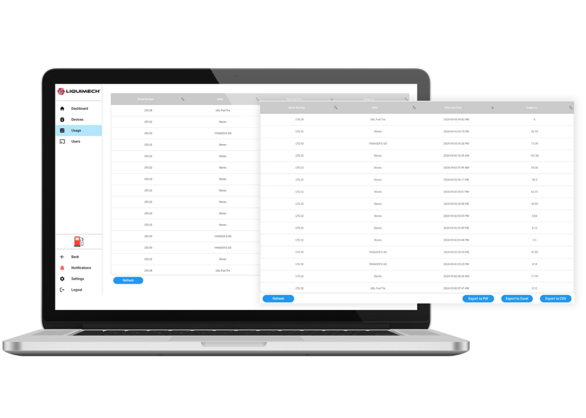 Liquimech-Fuel-Management-Software-Date-Time-Volume-Dashboard interface of advanced fuel management software