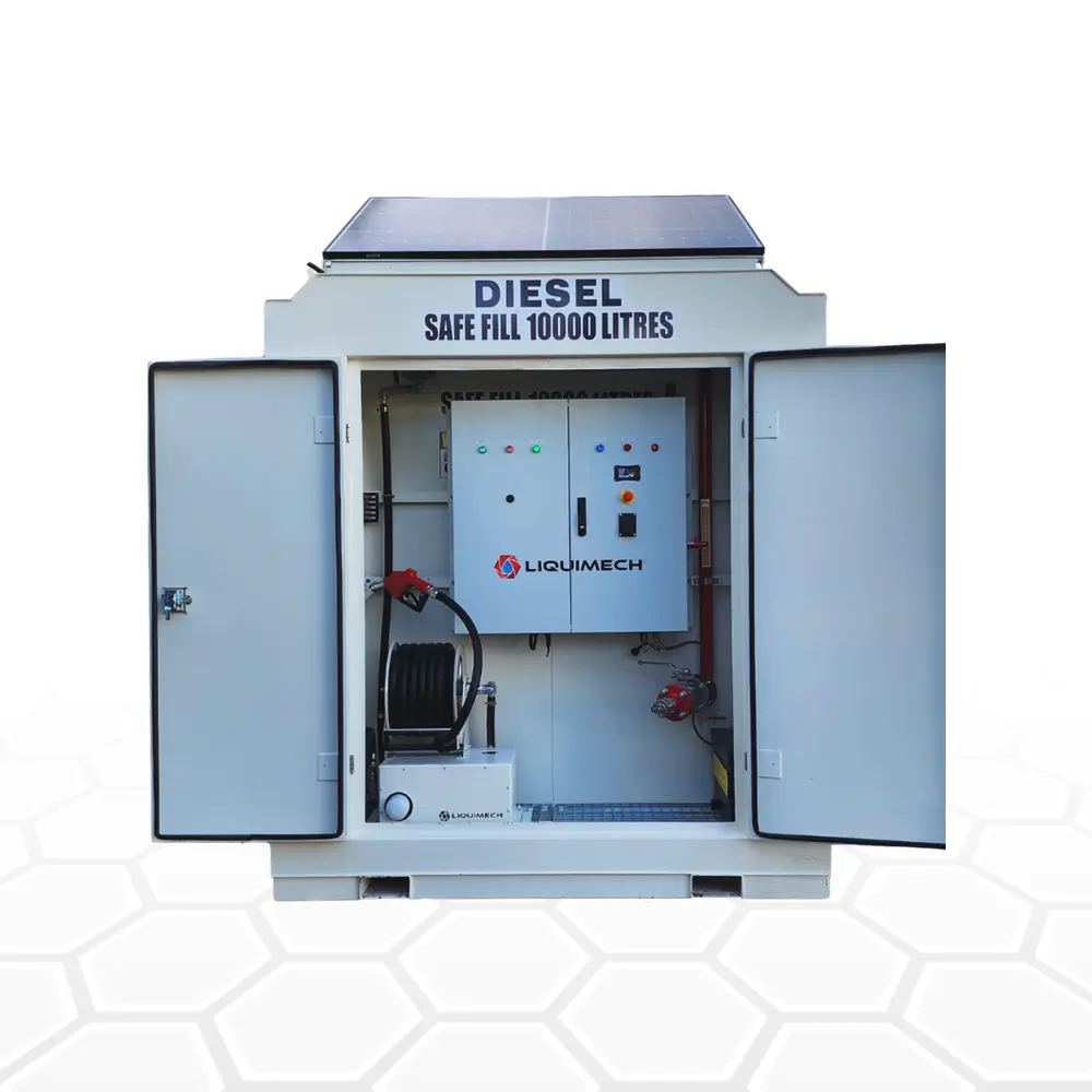 Liquimech Fuel Management System hardware setup with solar power, swipe card reader, and data logger