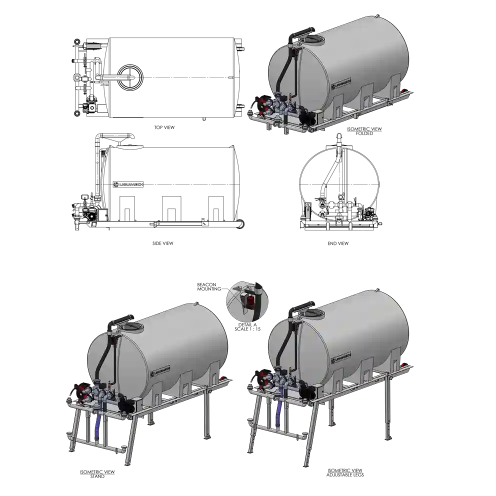 Liquimech GA drawing of skid mounted water cart and tank for dust suppression, irrigation, and site water delivery