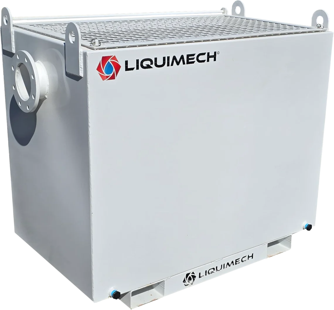 Liquimech Heavy-duty sediment tank with inlet and outlet fittings for effective water filtration.