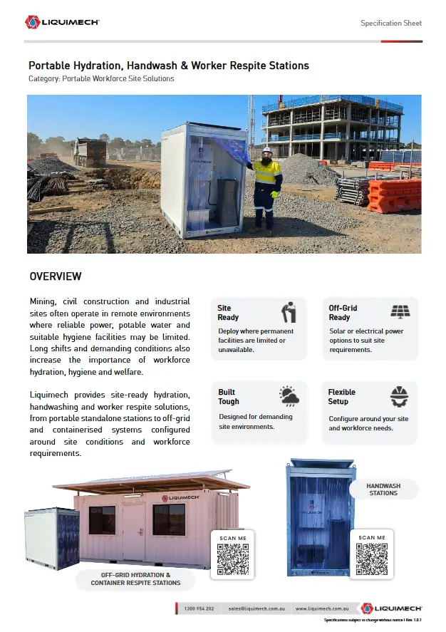 Liquimech Hydration Station Respite Container Handwash Station Specification Sheet