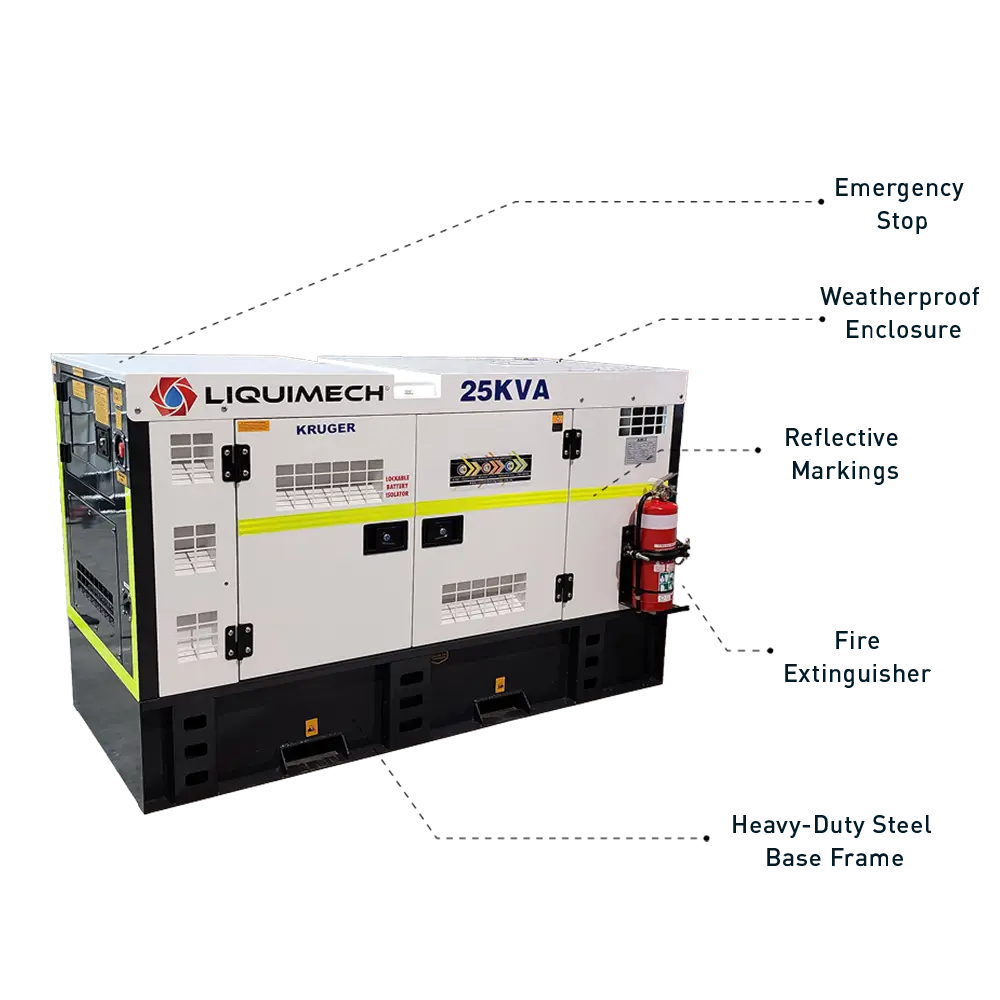 Liquimech Mine Spec Diesel Generator with Bauer fittings, emergency stops, flashing lights, reflective tape and fire extinguisher