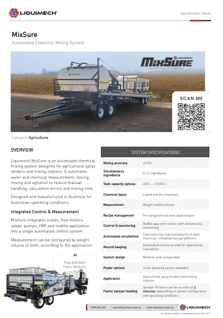 Liquimech MixSure Automated Chemical Mixing System Specification Sheet