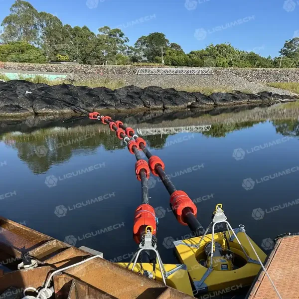 Liquimech Pontoon with integrated pipe floats for submersible pumps.