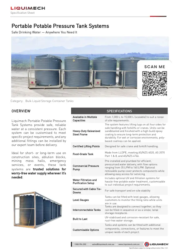 Liquimech Portable Potable Pressure Tank Systems Specification Sheet