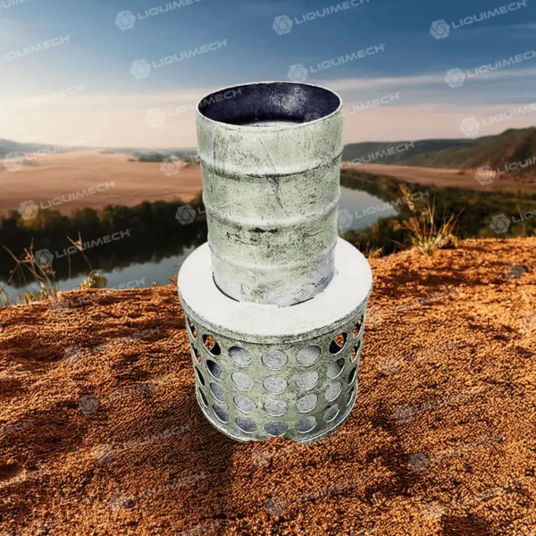 Liquimech Pump strainer with hose tail attachment for protecting pumps from debris during fluid transfer.