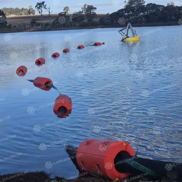 Liquimech Round Donut Pontoon featuring an actuator and valve assembly for automated pump control in mining and dewatering applications.