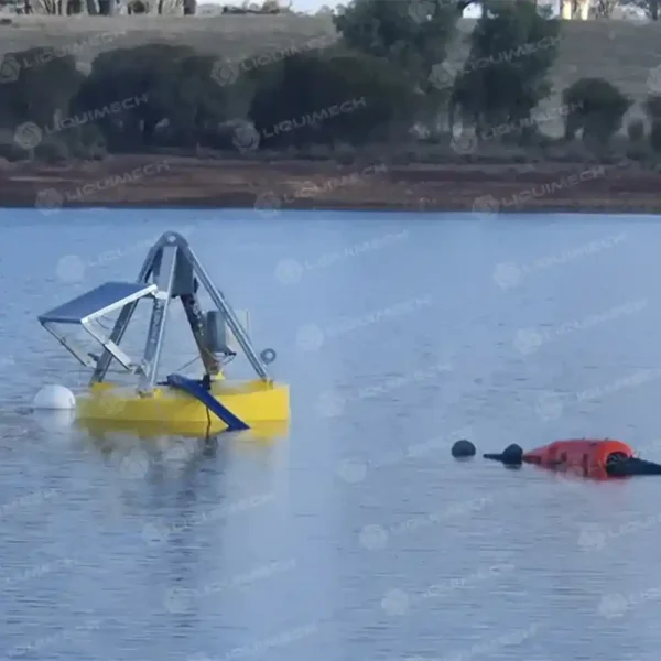 Liquimech Round Donut Pontoon supporting a submersible pump with UV-stabilised polyethylene construction for reliable industrial pump flotation.