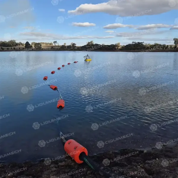 Liquimech Round Donut Pontoon with actuator-controlled pipeline, supporting automated submersible pump flotation, dewatering, and water transfer systems.