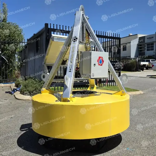 Liquimech Round Donut Pontoon with engineered winch upgrade-lifting frame for safe installation, relocation and recovery of submersible pump systems.