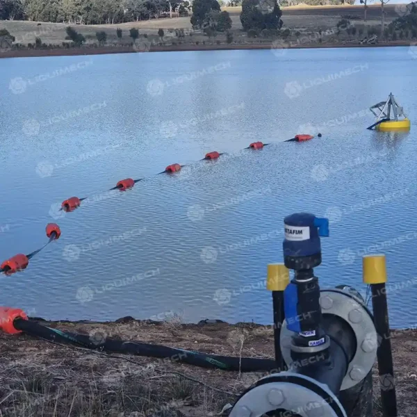 Liquimech Round Donut Pontoon with integrated actuator-controlled valve system for automated submersible pump flotation and water management.