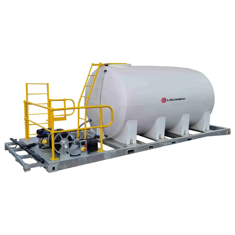 Liquimech Skid water carts equipped with ladder and guard rails for secure site operations