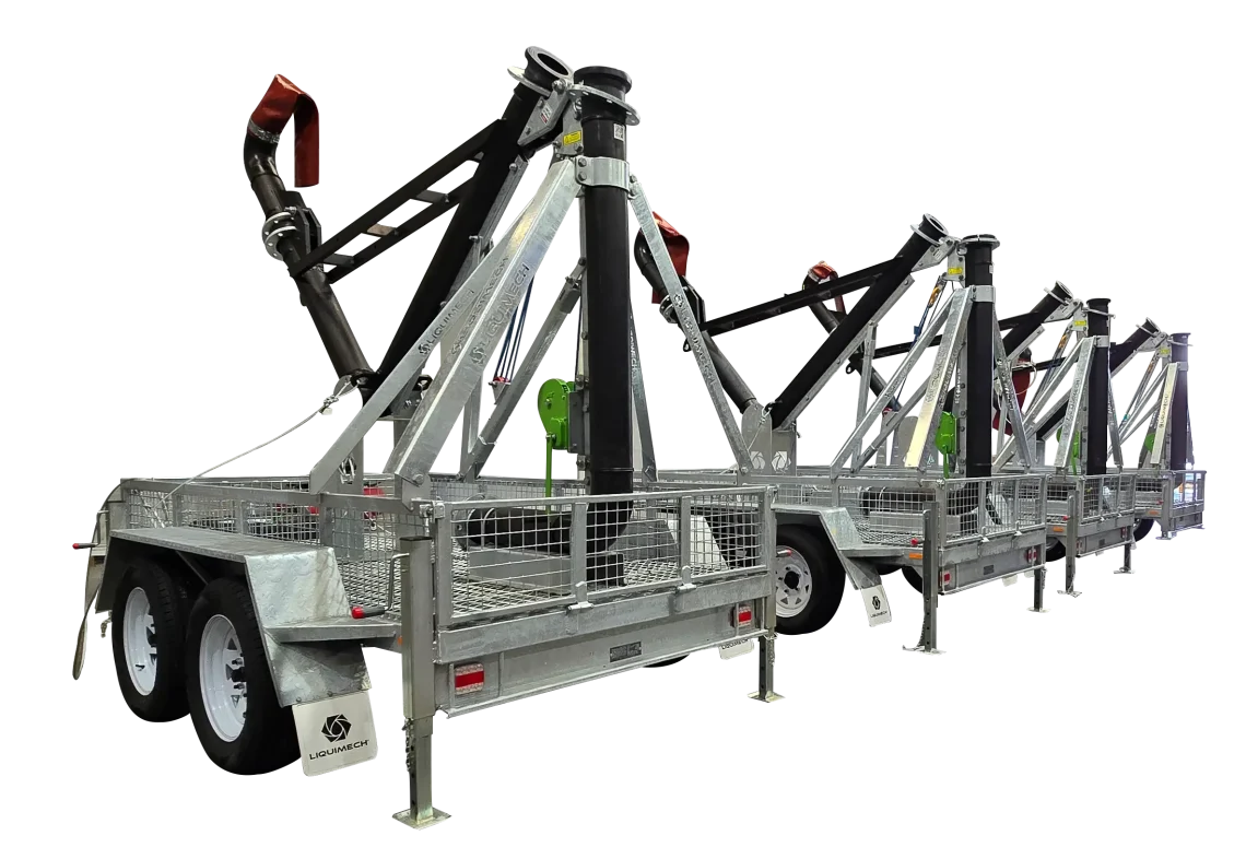 Liquimech Trailer Mounted J Stand Water Fill Station parked on rugged terrain, ready for mobile water delivery