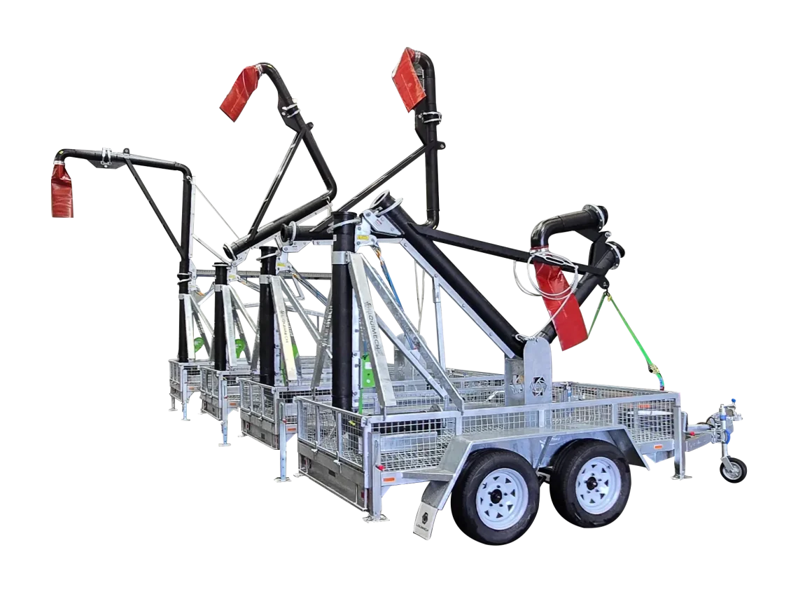 Liquimech Trailer Mounted J Stand Water Fill Station with 2.5m–4.2m adjustable discharge height and swivel boom arm