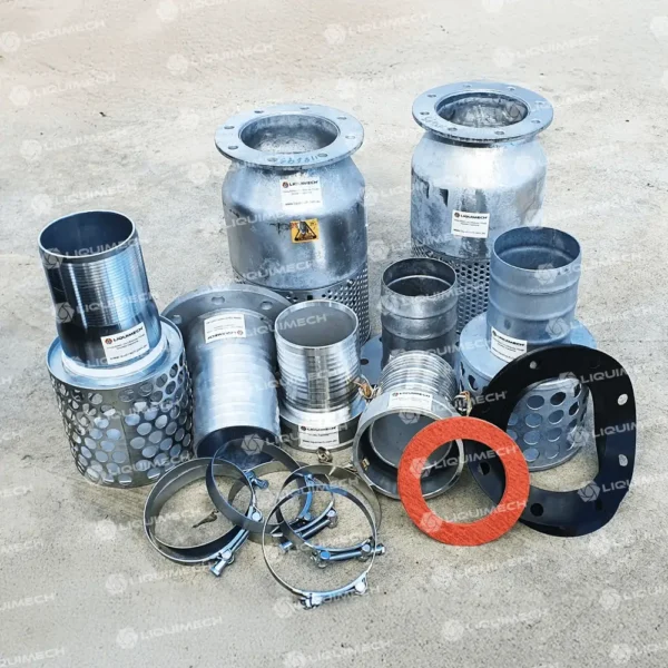 Liquimech assembly of industrial water intake components including foot valves, O-rings, hose clamps, and flanged strainers.
