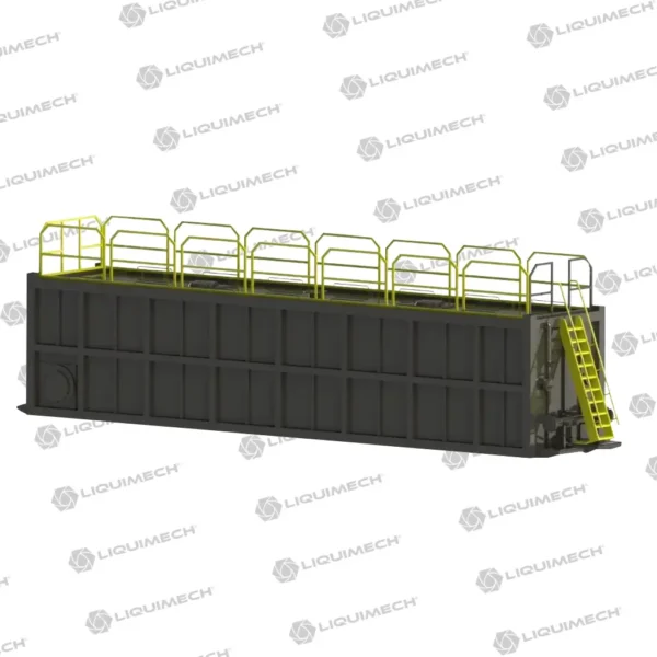 Liquimech bulk water storage tank with 3Ddrawing visible large access hatches (600MM) and drain valves for easy maintenance.