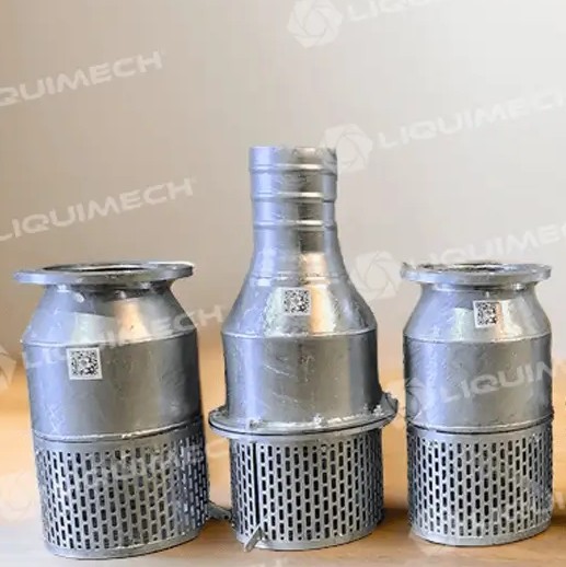 Liquimech close-up view of a durable stainless steel pump strainer designed for efficient debris filtration in industrial pumping systems.