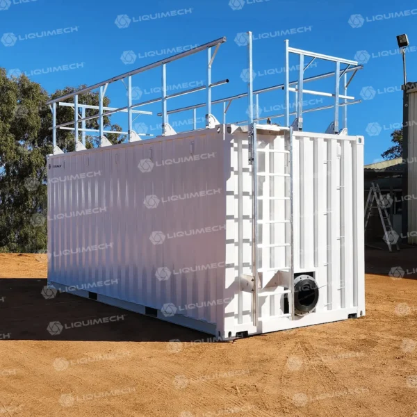 Liquimech container tanks system with integrated safety ladder and top rail