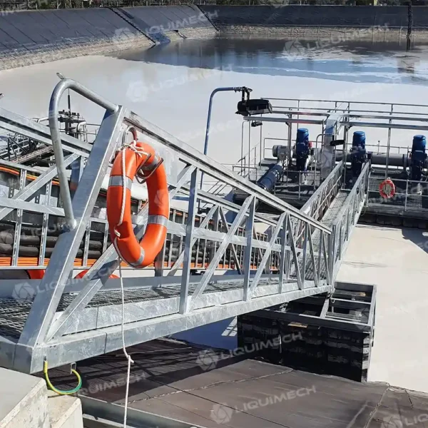Liquimech custom aluminium gangway with high-visibility finish and grid mesh decking