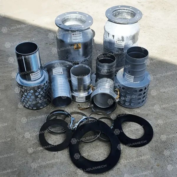 Liquimech detailed view of suction line components including hose tails, camlock fittings, and rubber gaskets for secure connections.