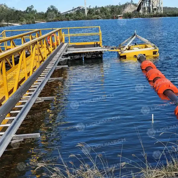 Liquimech floating walkway with anti-slip surface and safety handrails