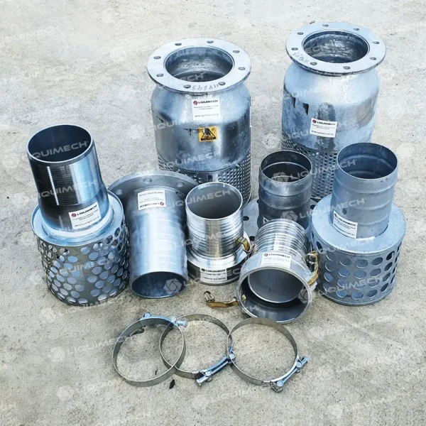 Liquimech foot valves with flanged ends and integrated strainers used for pump inlet protection in water systems.