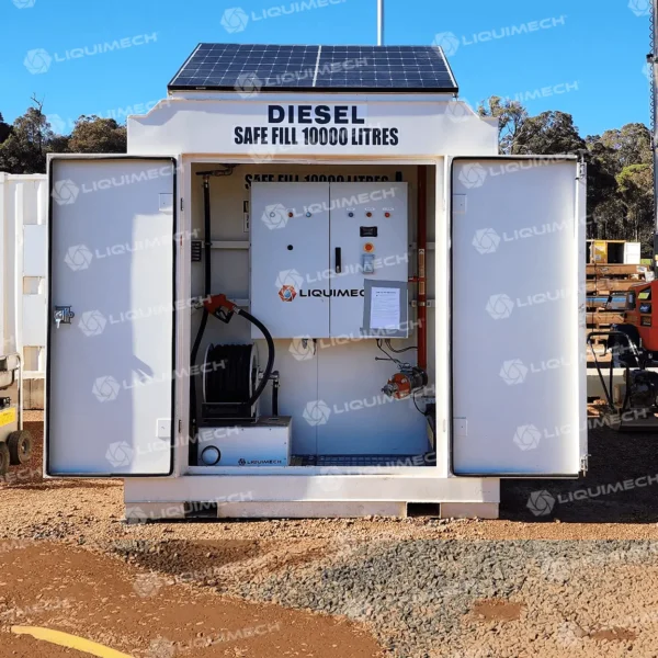 Liquimech heavy-duty Liquimech self bunded fuel tanks with integrated pump and hose reel for mining, construction, and industrial use