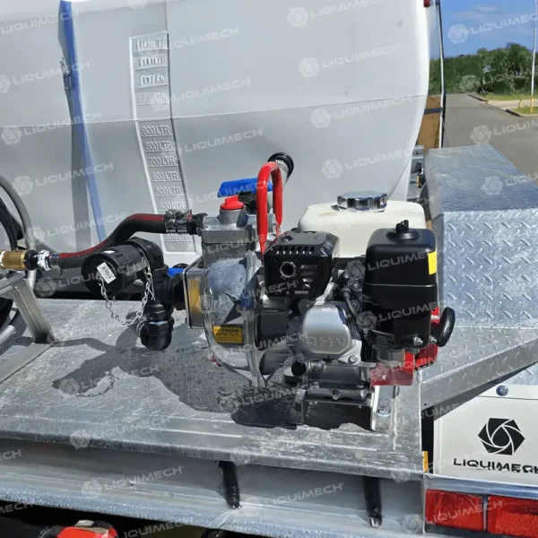 Liquimech heavy-duty firefighting trailer with hose reel and pump system