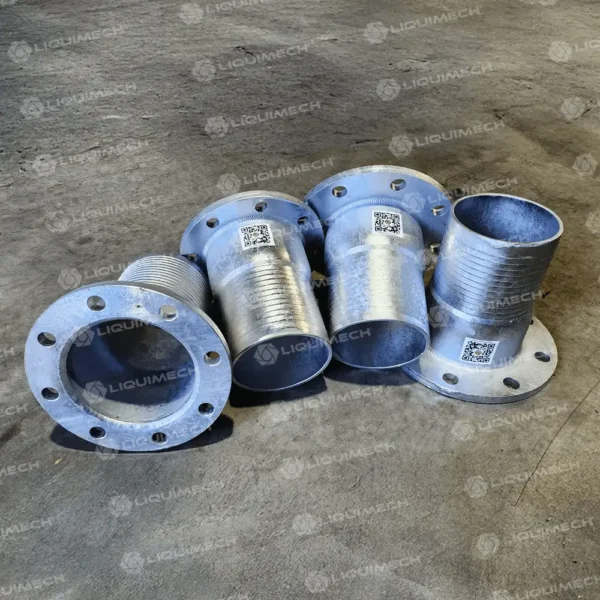 Liquimech industrial-grade flanged hose tail used in pump discharge and suction lines
