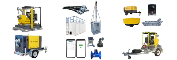 Liquimech mining pump in Australia, floating, trailer, skid, cage, canopy setup with telemetry, solar, and hoses for dewatering