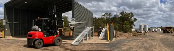 Liquimech mobile wheel wash unit relocated across construction site with heavy vehicle access route
