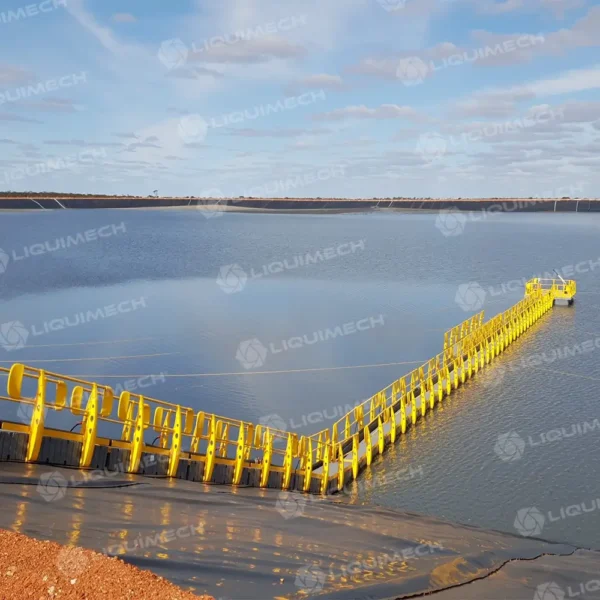 Liquimech modular floating walkway connecting land to water-based equipment on site